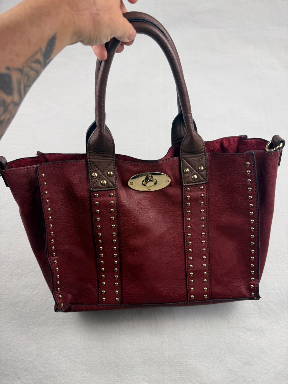 Burgundy Studded Satchel Bag Gold Hardware Structured Top Handle Tote
